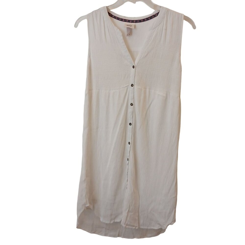 Knox Rose White Sleeveless Button-Down Tunic Dress Medium Lined Smocked #I-9